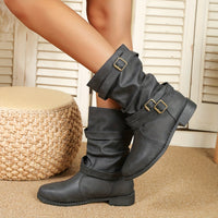 Mid Calf Ruched Buckle Solid Color Retro Western Short Boots For Women Cowboy Boots