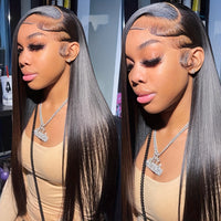 13x6 HD Transparent Lace Front Wig for Women - 180% Density, Pre-Plucked Straight Human Hair, Glueless Design, Natural Black Color, Versatile Styling Options for Ponytails and Braids