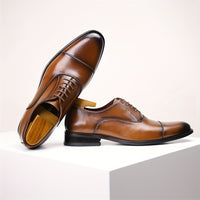 [Trendy Cow Leather Oxford Shoes] Men's Trendy Split Cow Leather Upper Cap Toe Oxford Shoes, Comfy Non Slip Casual Rubber Sole Formal Shoes, Men's Footwear