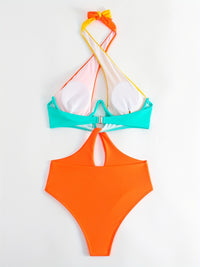 Colorblock Halter Neck One Piece Swimsuit, Cut Out Backless High Cut Bathing Suit, Women's Swimwear & Clothing