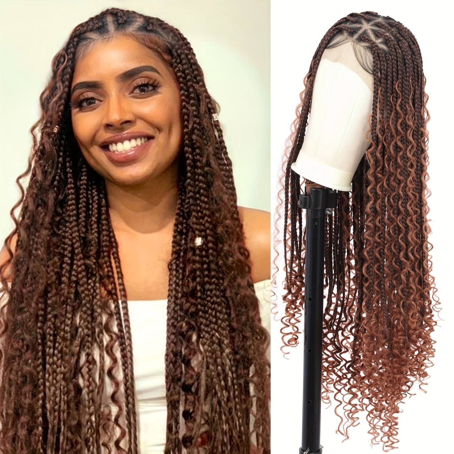 36 Bohemian Chic Box Braids Wig - Triangle Knotless & Curly - Synthetic Embroidered Double Lace Wigs for Women