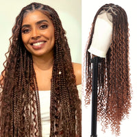 36 Bohemian Chic Box Braids Wig - Triangle Knotless & Curly - Synthetic Embroidered Double Lace Wigs for Women