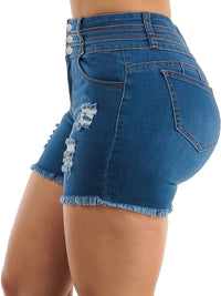 High-Waist Solid Color Ripped Denim Shorts - Stretchy Slim Fit, Trendy Button Fly, Machine Washable, Summer Casual Wear - Customized Woven Shorts