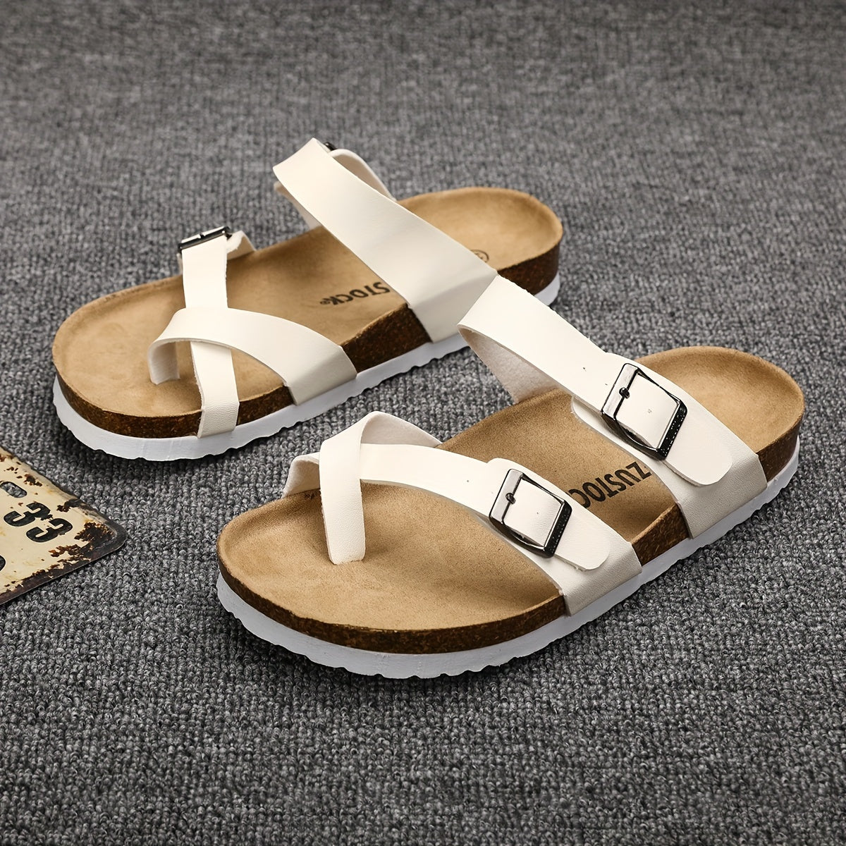 Men's Sandals, Arch Support Slide With Adjustable Buckle Strap And Cork Insole