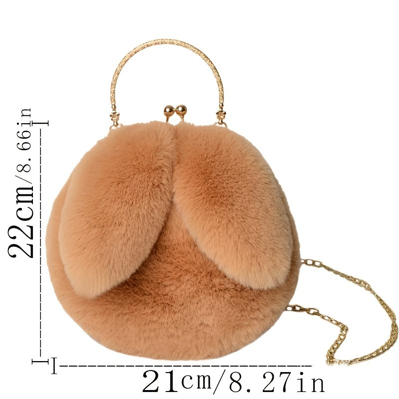 Kawaii Fluffy Bunny Kiss Lock Handbag – Stylish Year of the Rabbit Chain Shoulder Bag with Polyester Lining