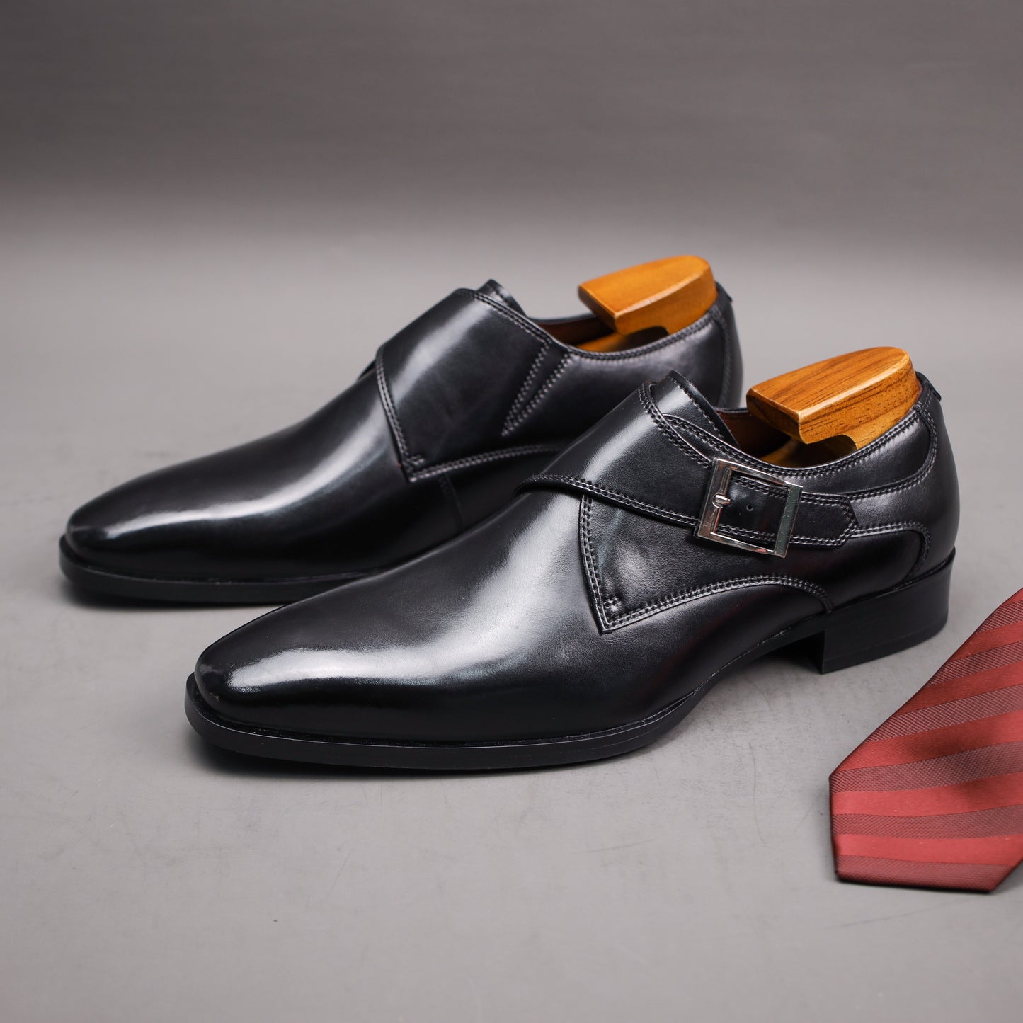 Men's Second Layer Cowhide Upper Solid Color Monk Shoes, Comfy Non Slip Rubber Sole Durable Dress Shoes, Men's Footwear