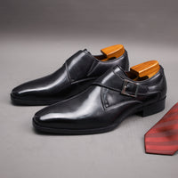 Men's Second Layer Cowhide Upper Solid Color Monk Shoes, Comfy Non Slip Rubber Sole Durable Dress Shoes, Men's Footwear