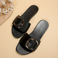 Women's Square Buckle Design Slide Sandals, Casual Slip On Flat Summer Shoes, Lightweight Beach Shoes