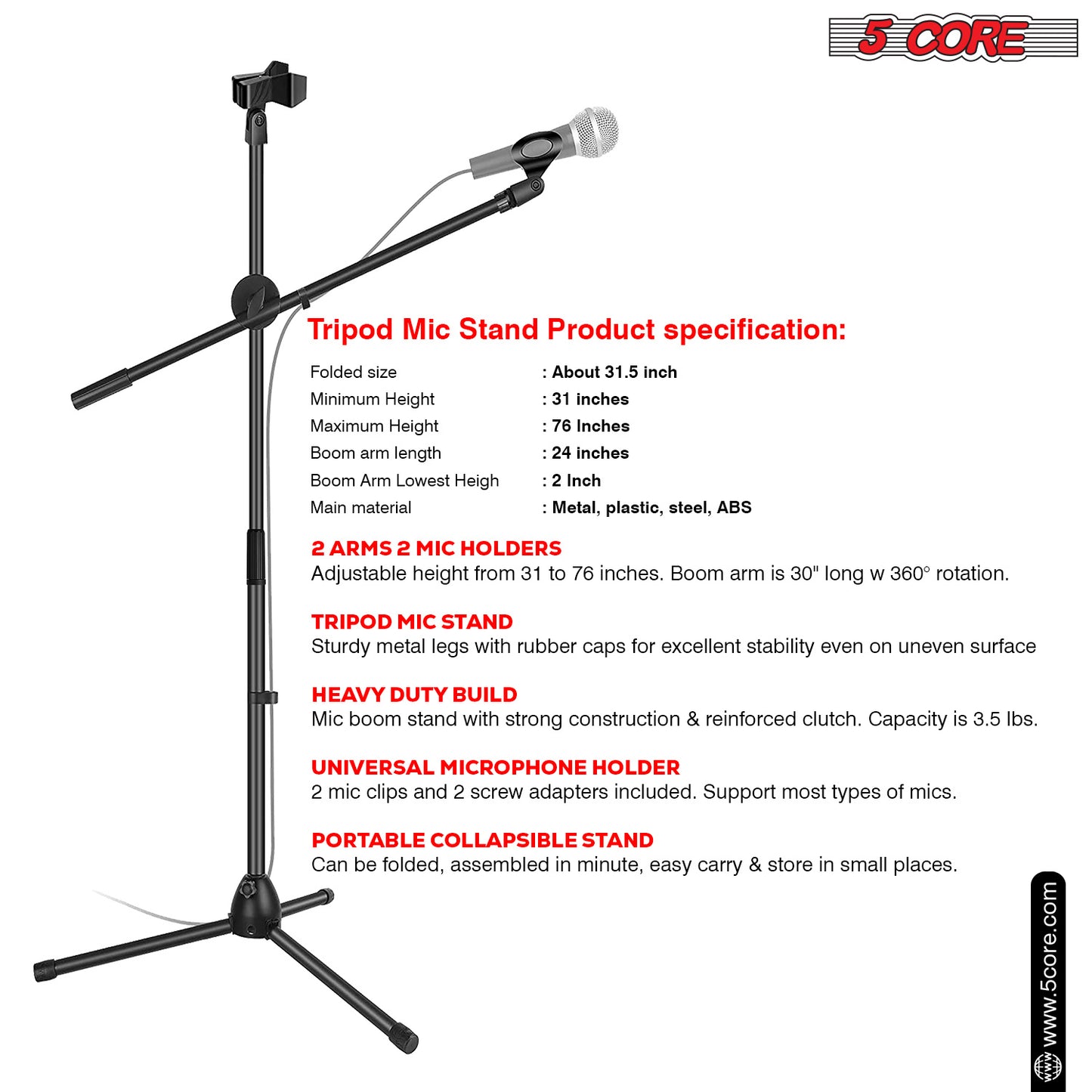 5Core Tripod Mic Stand Heavy Duty Adjustable Floor Microphone Boom Arm Pedestal Para Microfono - MS DBL