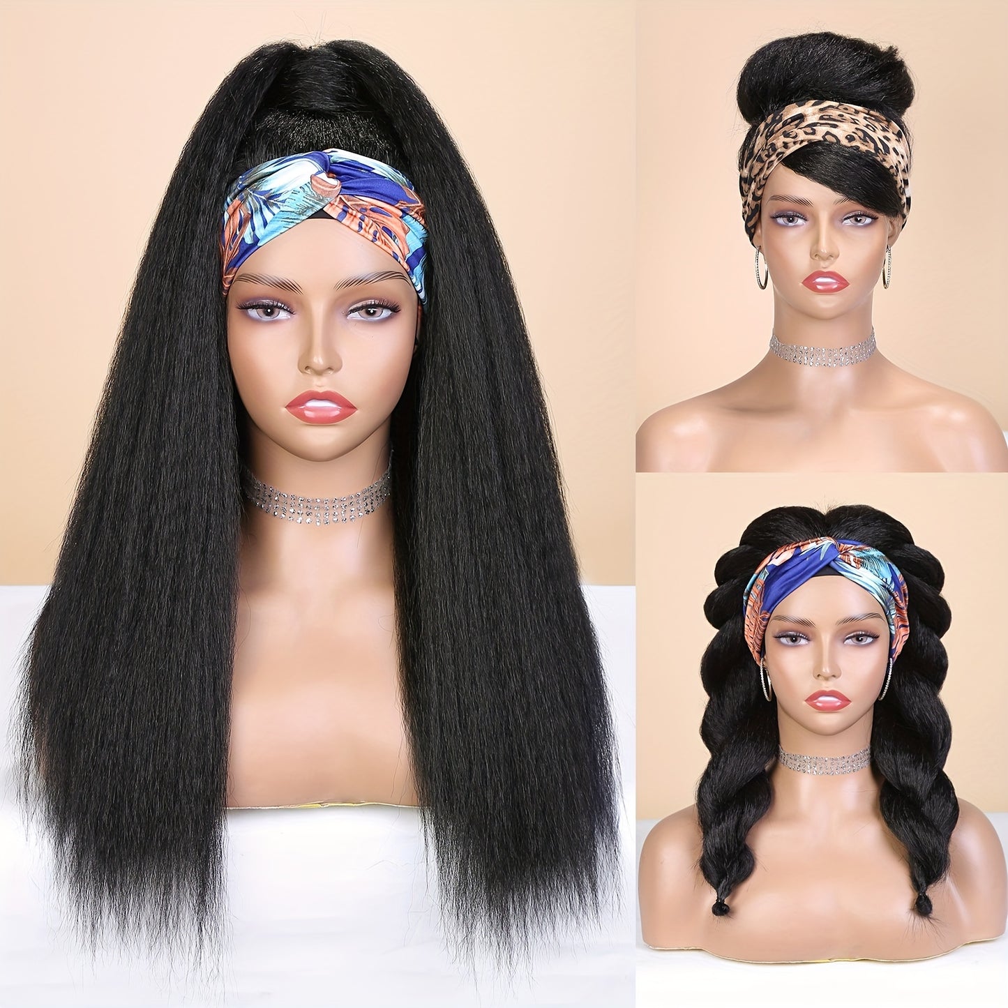 Kinky Straight Headband Wig For Women Yaki Straight Wigs With Black Headband Kinky Afro Wigs For Women