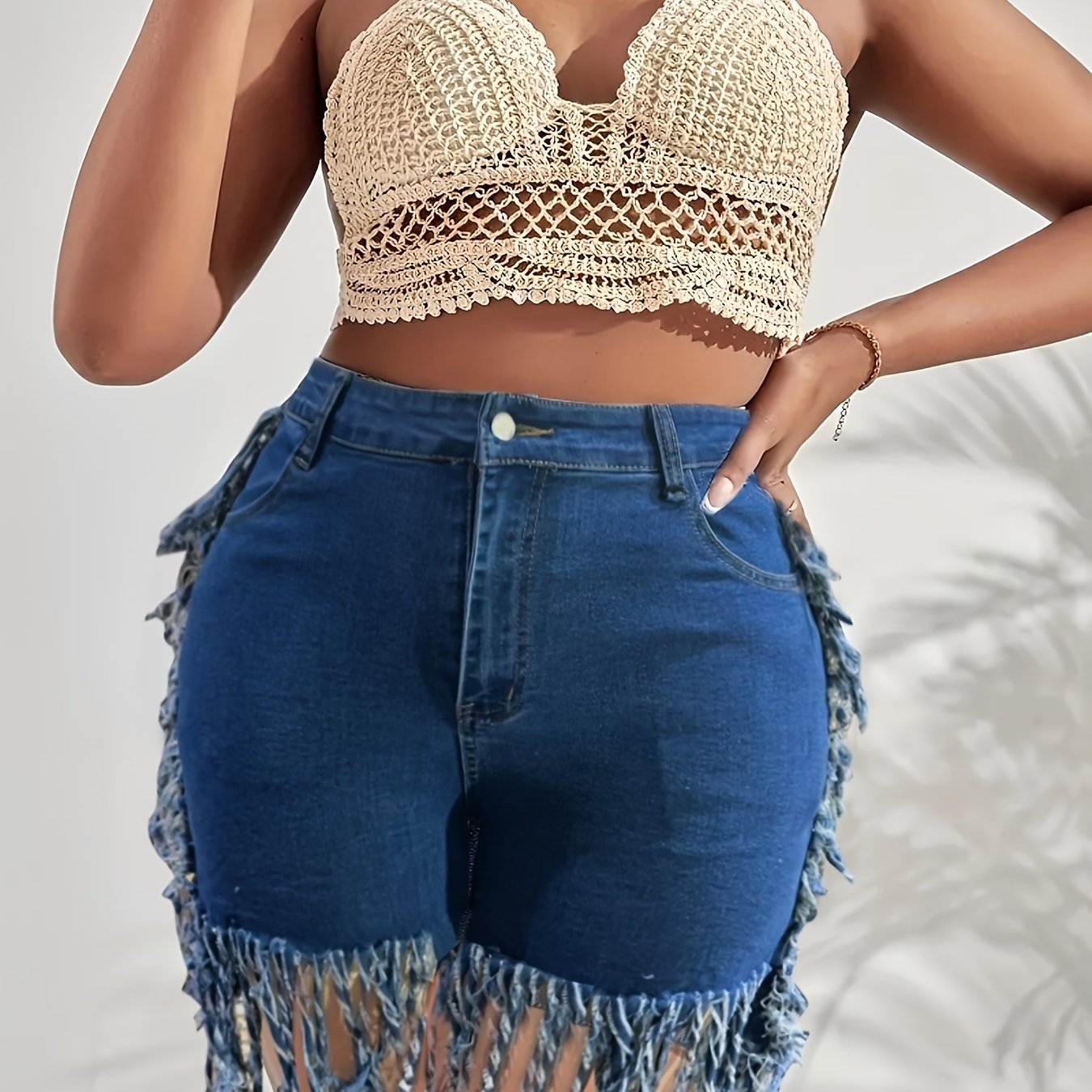 Plus Size Bohemian Chic Stretchy Denim Shorts - Ultra-Stretchy Fabric, Adjustable Elastic Waistband, Trendy Fringe Hem Detail - Designed for Curvy Women, Perfect for Summer Fashion, High-Quality Denim Material