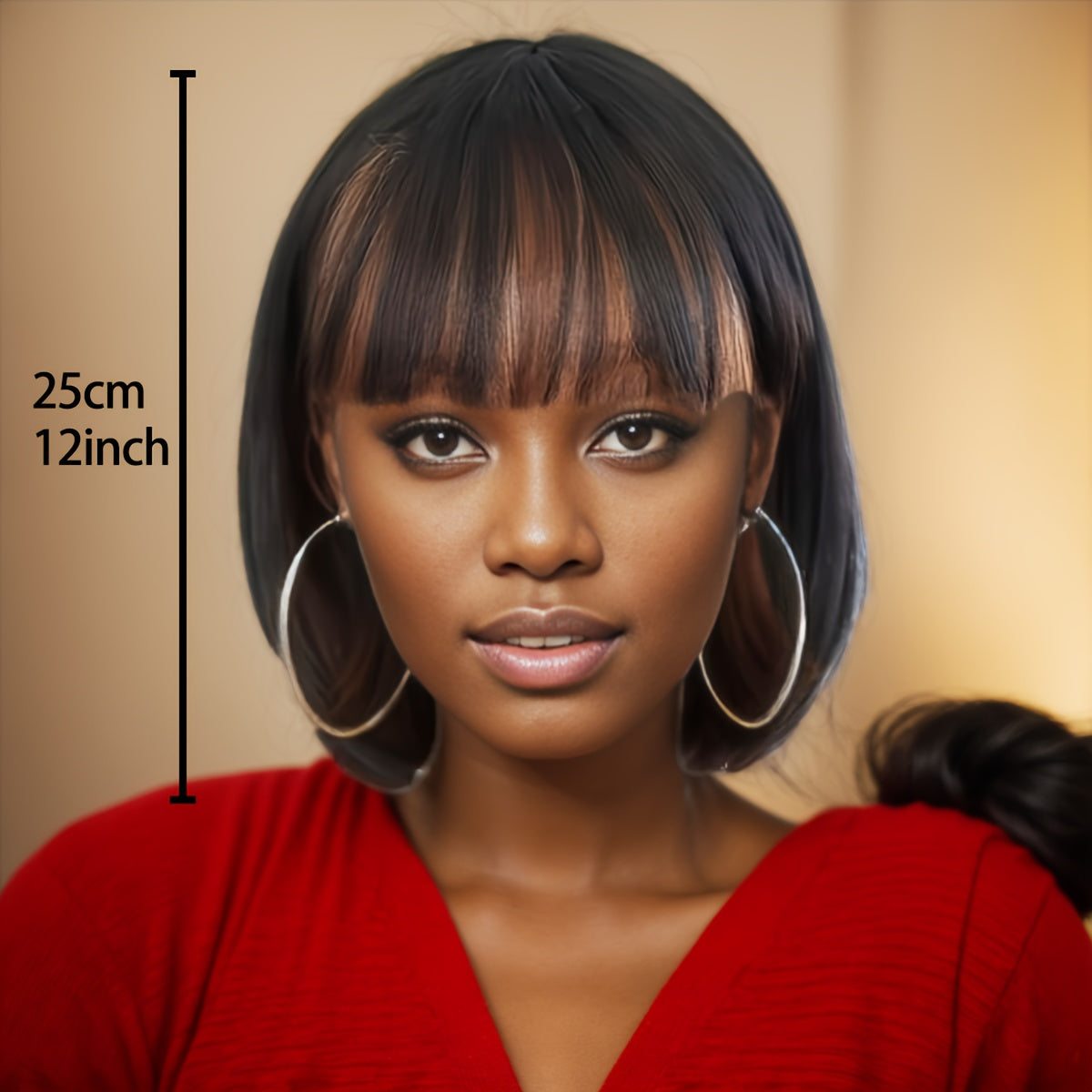 Short Bob Wigs With Bangs - 10 Inch Black Mix Brown Straight Hair Daily Costume Wig For Women, Soft Light Synthetic Hair Replacement Wigs Heat Resistant