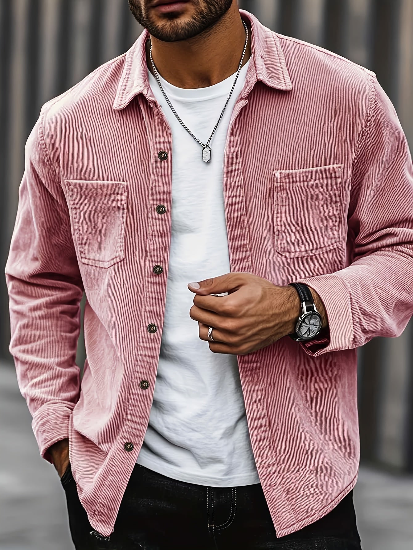 [Corduroy Casual Shirt] Light Blue Corduroy Men's Casual Shirt Jacket | Classic Collar, Button-Up Long Sleeve with Double Chest Pockets, Perfect for Spring & Fall, Everyday Fashion, Street Style, and Office Wear