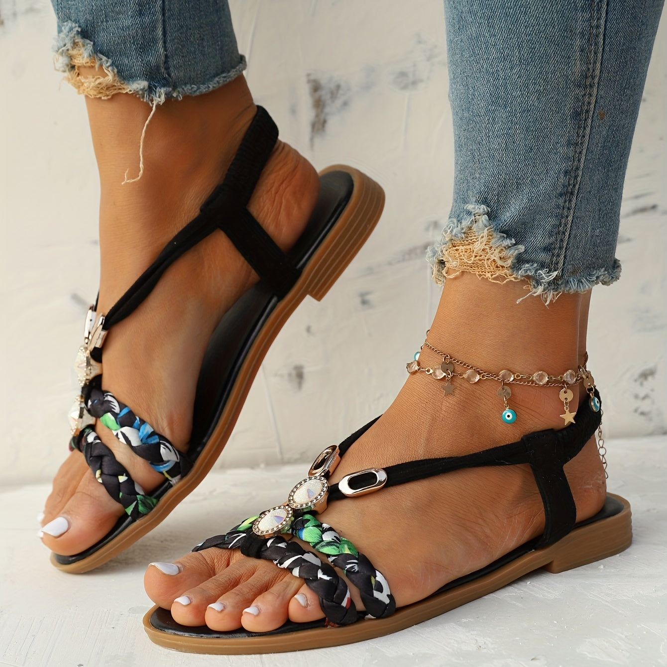 Chic Womens Ethnic Style Braided Sandals - Fashionable Slip-On Design for Outdoor Comfort - Handcrafted Flat Sandals with Cushioned Ease