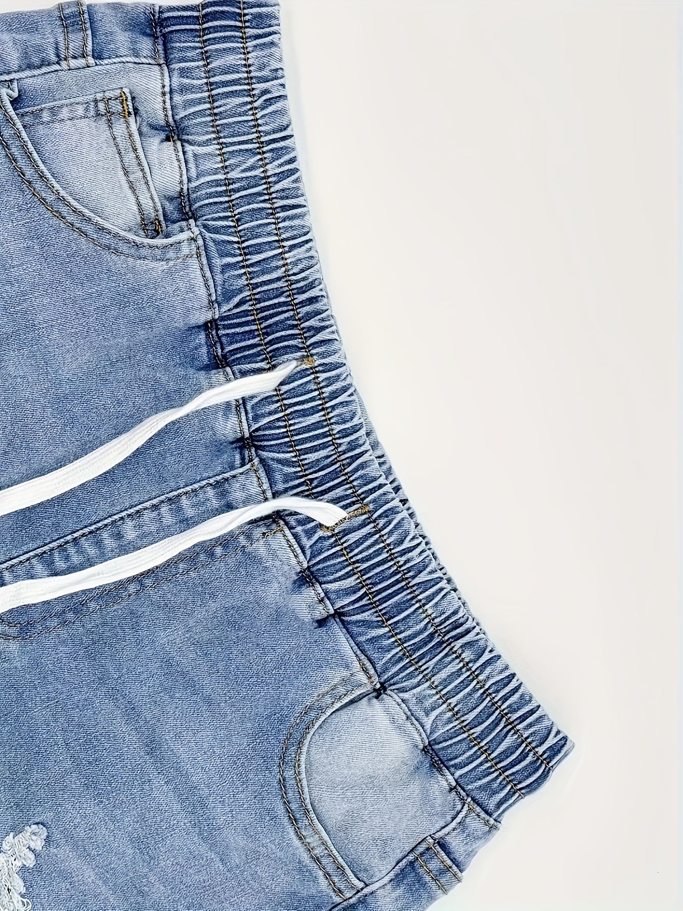 Women's Sporty Drawstring Denim Shorts, Casual Ripped Jean Hot Pants, Summer Fashion with Elastic Waistband