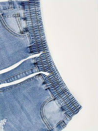 Women's Sporty Drawstring Denim Shorts, Casual Ripped Jean Hot Pants, Summer Fashion with Elastic Waistband