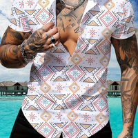 Geometric Print Men's Casual Shirt, Beach Travel Top, Fashionable Short Sleeve Summer Wear, For Beach Outdoor Holiday