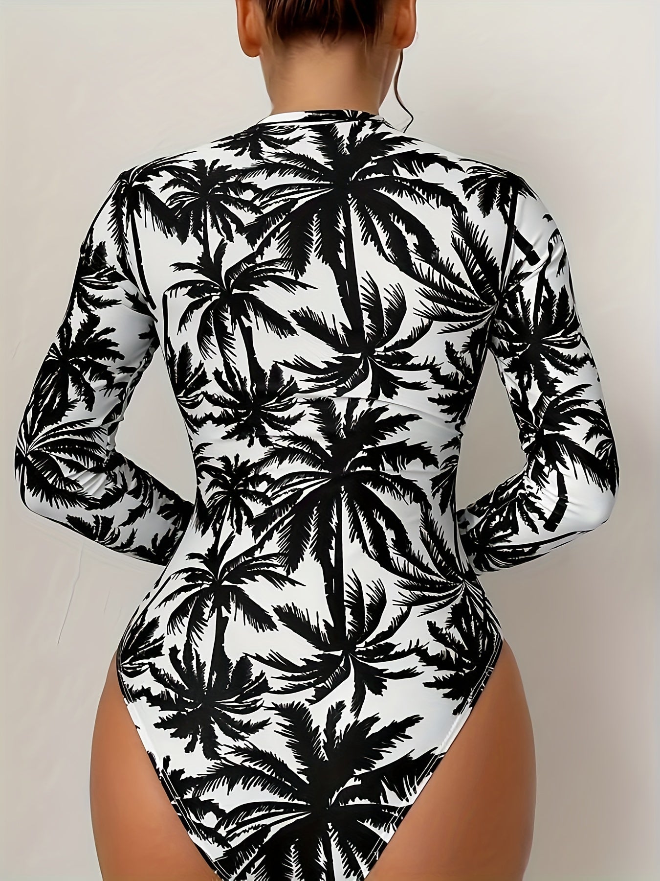 Womens Tropical Print One-Piece Swimsuit - Removable Padded, Long Sleeves, Half Zipper, Crew Neck, Medium Stretch, Quick-Dry Polyester - Surfing Water Sports Competitive Bathing Suit