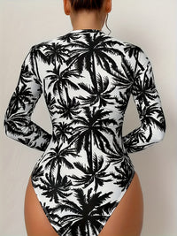 Womens Tropical Print One-Piece Swimsuit - Removable Padded, Long Sleeves, Half Zipper, Crew Neck, Medium Stretch, Quick-Dry Polyester - Surfing Water Sports Competitive Bathing Suit