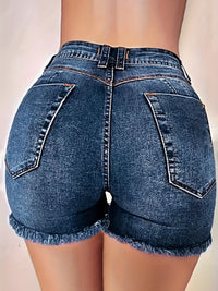 High-Waisted Single-breasted Buttoned Raw Hem Denim Shorts - Young women, fashion-conscious individuals, casual wear enthusiasts, summer shoppers - Navy Blue, Denim, Casual, Button, High Stretch - Suitable for Summer, Casual,