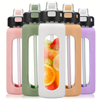 MUKOKO 24oz Glass Water Bottle With Straw, Motivational Water Bottles With Time Marker And Silicone Sleeve, Glass Bottle With Locking Lid And Carry Loop