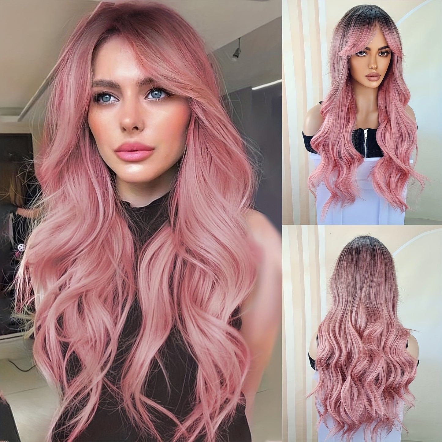 Long Ombre Brown Blonde Wavy Wigs With Curtain Bangs For Women Synthetic Curly Wig Heat Resistant Fiber Wigs For Daily Cosplay