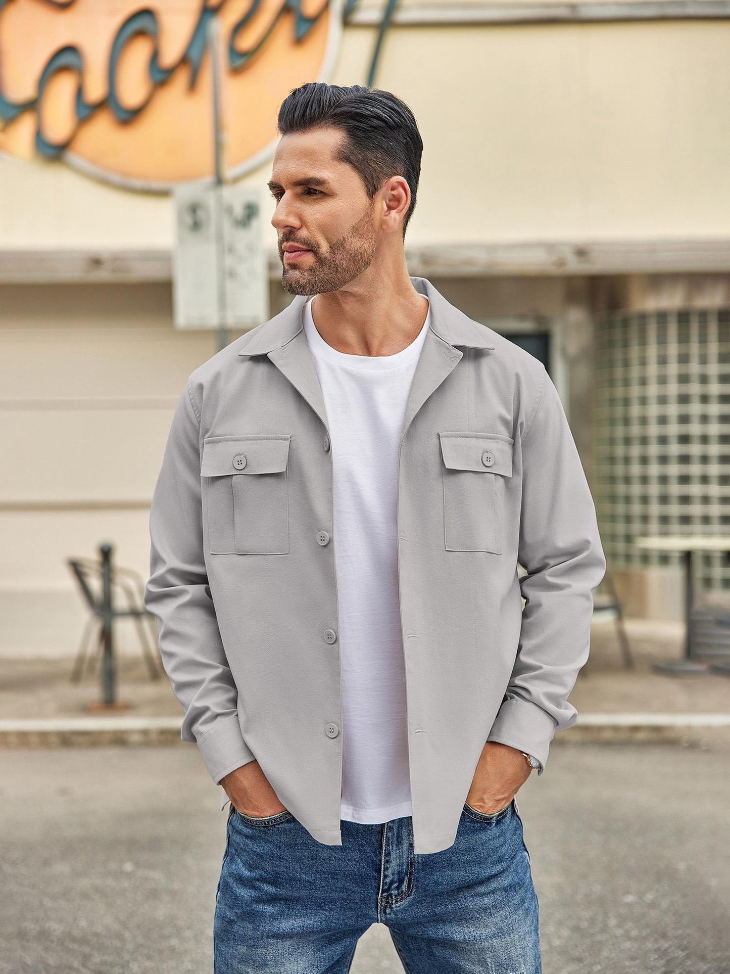 Men's Casual Shirt Jacket Linen Shacket Lightweight Work Coat Button Down Overshirt