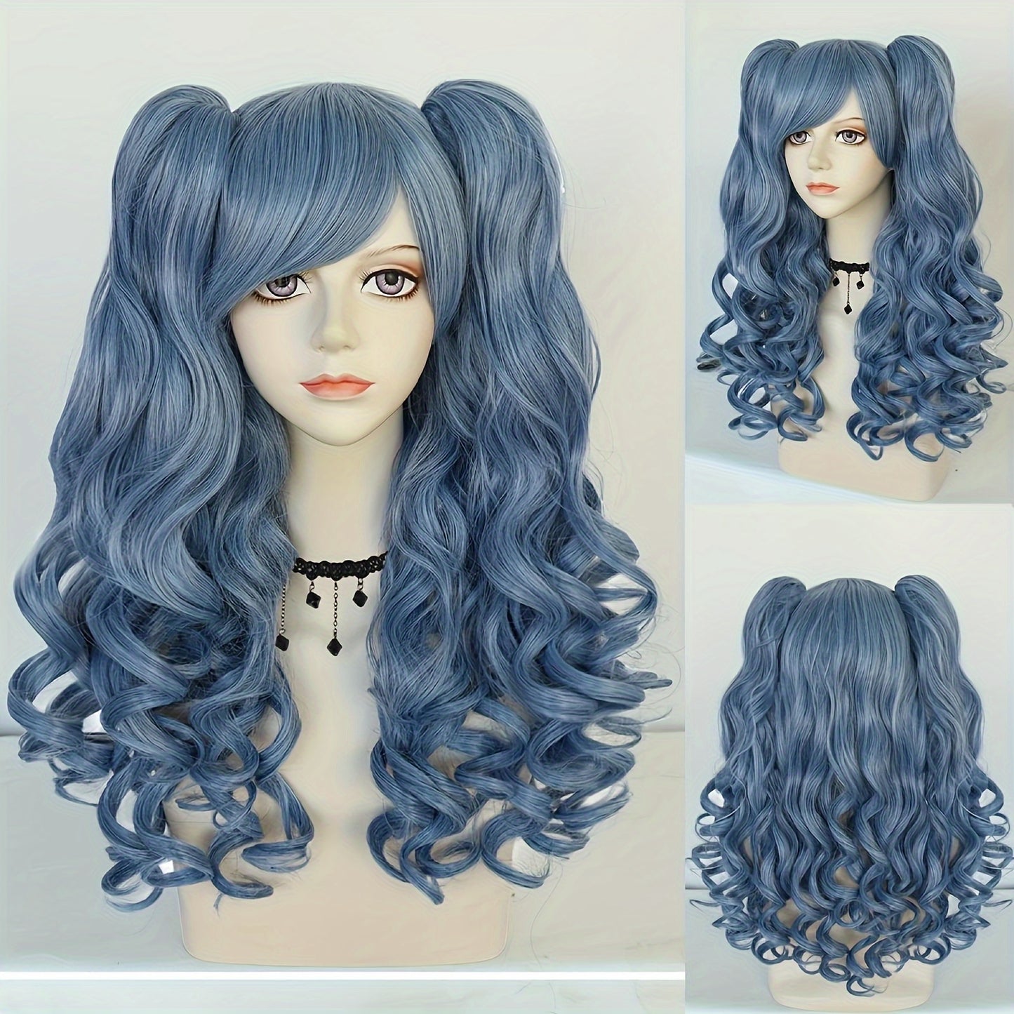 Ponytail Wig Synthetic Long Black And White Color Blocking White Blue Red Colored Curly Cosplay Wig With Double Ponytails For Black Friday Halloween Christmas Thanksgiving Day For Music Festival