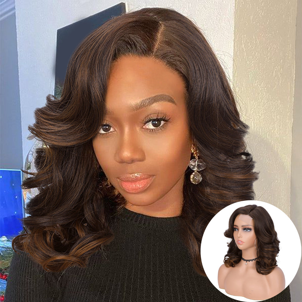 [130% Density Heat Resistant Wig] Chic Bob Wig for Women - Loose Curly, Side Part, Synthetic Lace Front in Black & Brown, 130% Density, Heat Resistant, Perfect for Cosplay & Daily Wear, Short Wig, Perruque
