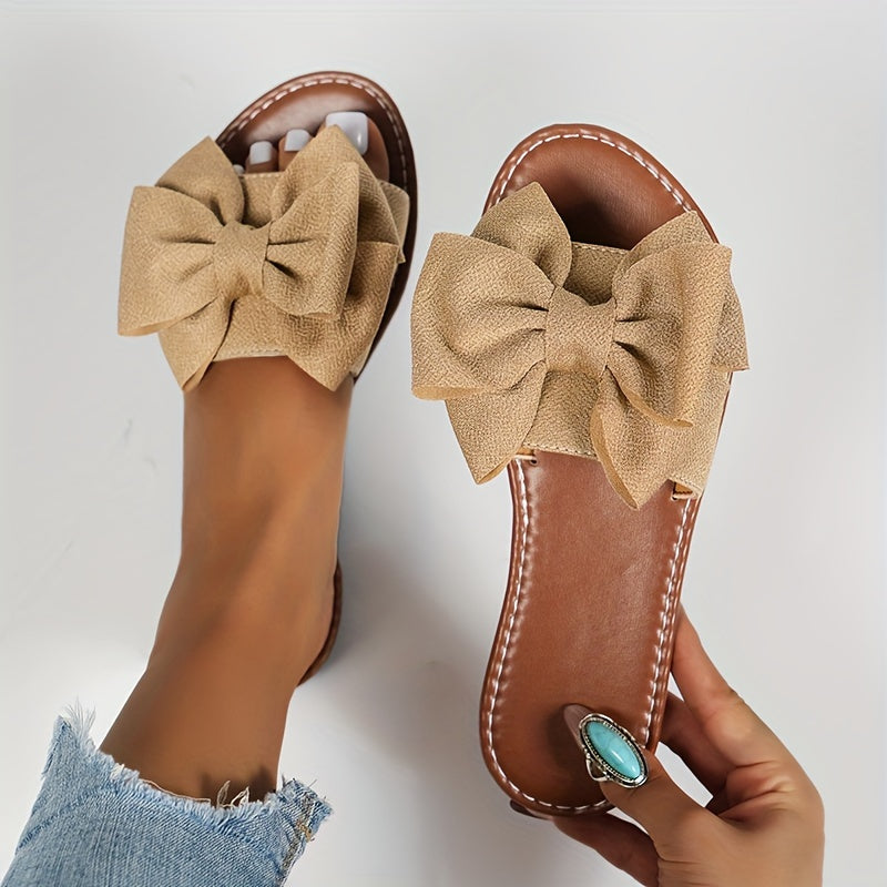 Ladies' Bowknot Flat Sandals, Solid Color Open-Toe Non-Slip Shoes, Casual Outdoor Beach Sandals.