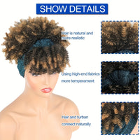 Headband Wigs For Women, Synthetic Short Afro Kinky Curly Wigs Dark Brown Wig With Bangs Wrap Wigs 2 In 1 Turban Wig Drawstring High Puff Wigs Headwrap Wigs With Headband Attached Updo Music Festival
