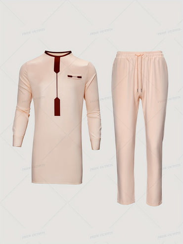 African Dashiki Men'S Suit, Long-Sleeved Top, Shoulder Zipper, Round Neck, Hem Slit, Elastic Pants, African Clothing, Plus Size Men'S Suit, Men'S Casual Shirt And Trousers 2-Piece Set, Four Seasons New 1 Set, Street Style, Pa