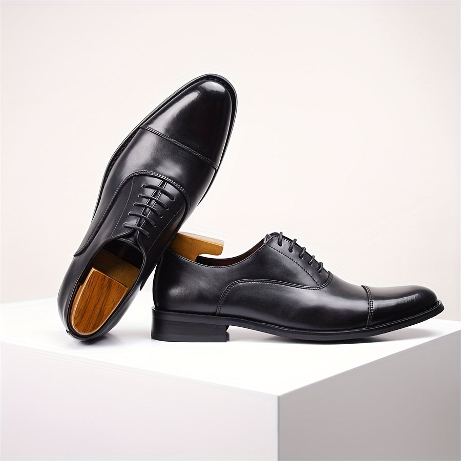 [Trendy Cow Leather Oxford Shoes] Men's Trendy Split Cow Leather Upper Cap Toe Oxford Shoes, Comfy Non Slip Casual Rubber Sole Formal Shoes, Men's Footwear