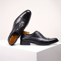 [Trendy Cow Leather Oxford Shoes] Men's Trendy Split Cow Leather Upper Cap Toe Oxford Shoes, Comfy Non Slip Casual Rubber Sole Formal Shoes, Men's Footwear