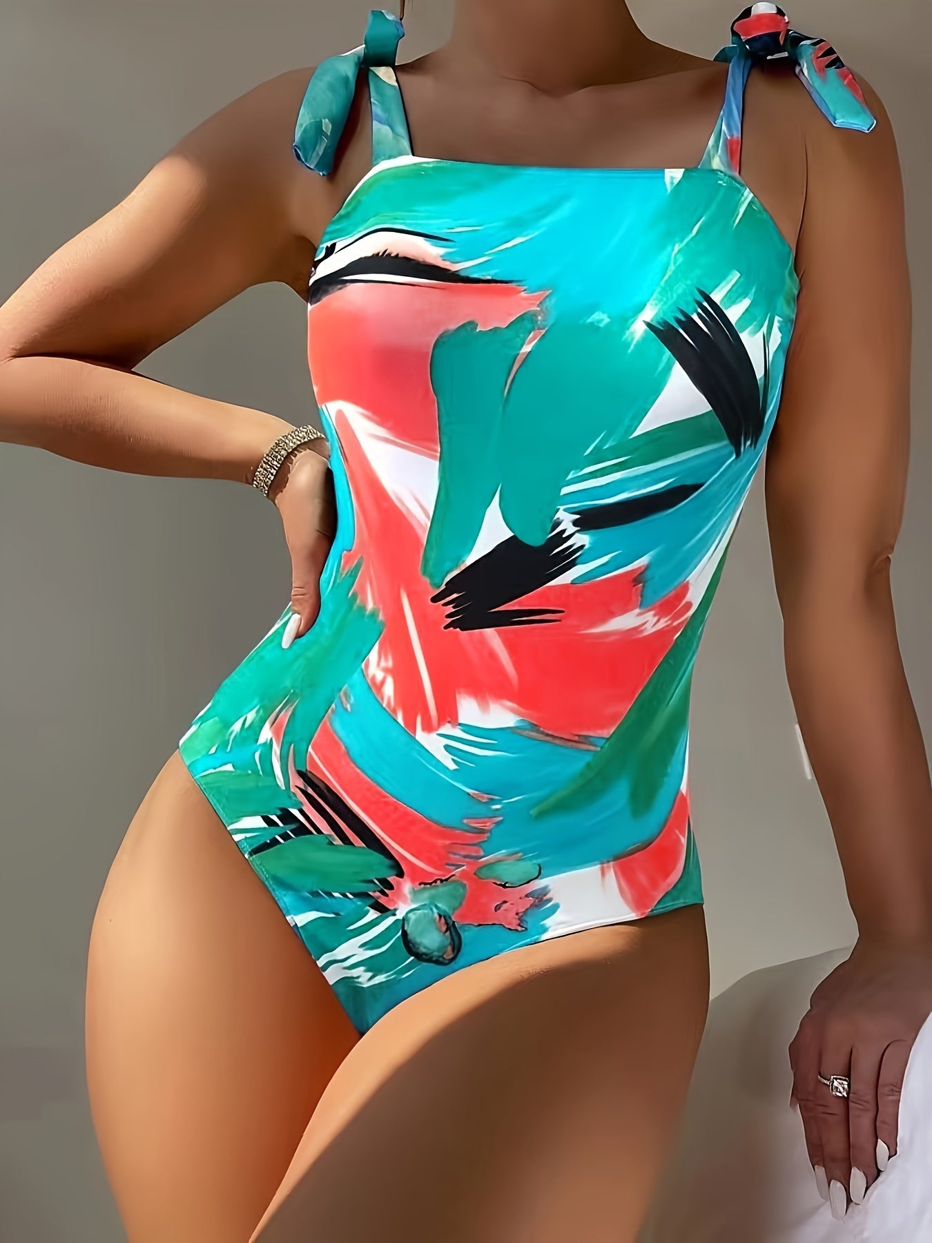 Chic Tie Shoulder Graffiti Brush Print One-piece Swimsuit - Stretchy, High Cut, Straight Neckline - Bold & Colorful, Womens Bathing Suit for Koningsdag/Kings Day Celebrations