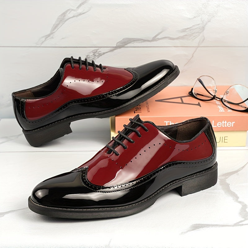 Men's Trendy Color Bock Wingtip Oxford Shoes, Comfy Non Slip Durable Lace Up Elegant Formal Shoes, Men's Footwear