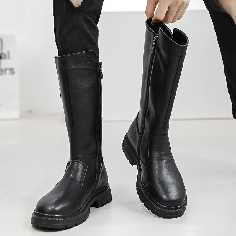 Men's Solid Color High Top Knee High Top Microfiber Upper Boots, Comfy Non Slip Durable Rubber Sole Shoes, Men's Footwear