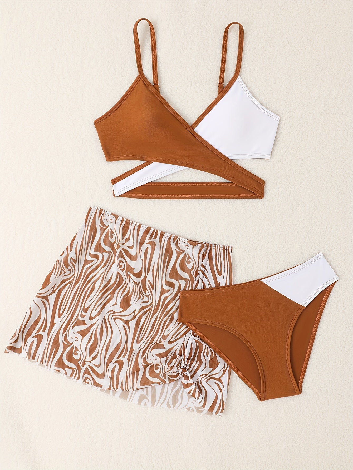 3pcs Fashionable Girls Bikini Swimwear Set - Comfortable, Quick-Dry Bathing Suit with Adjustable Straps - Perfect Sun-Ready Summer Clothes for Beach Vacations