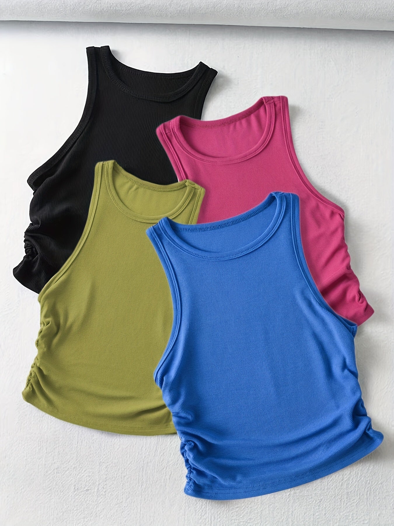4 Packs Side Ruched Tank Tops, Y2K Crew Neck Tank Tops For Summer, Women's Clothing