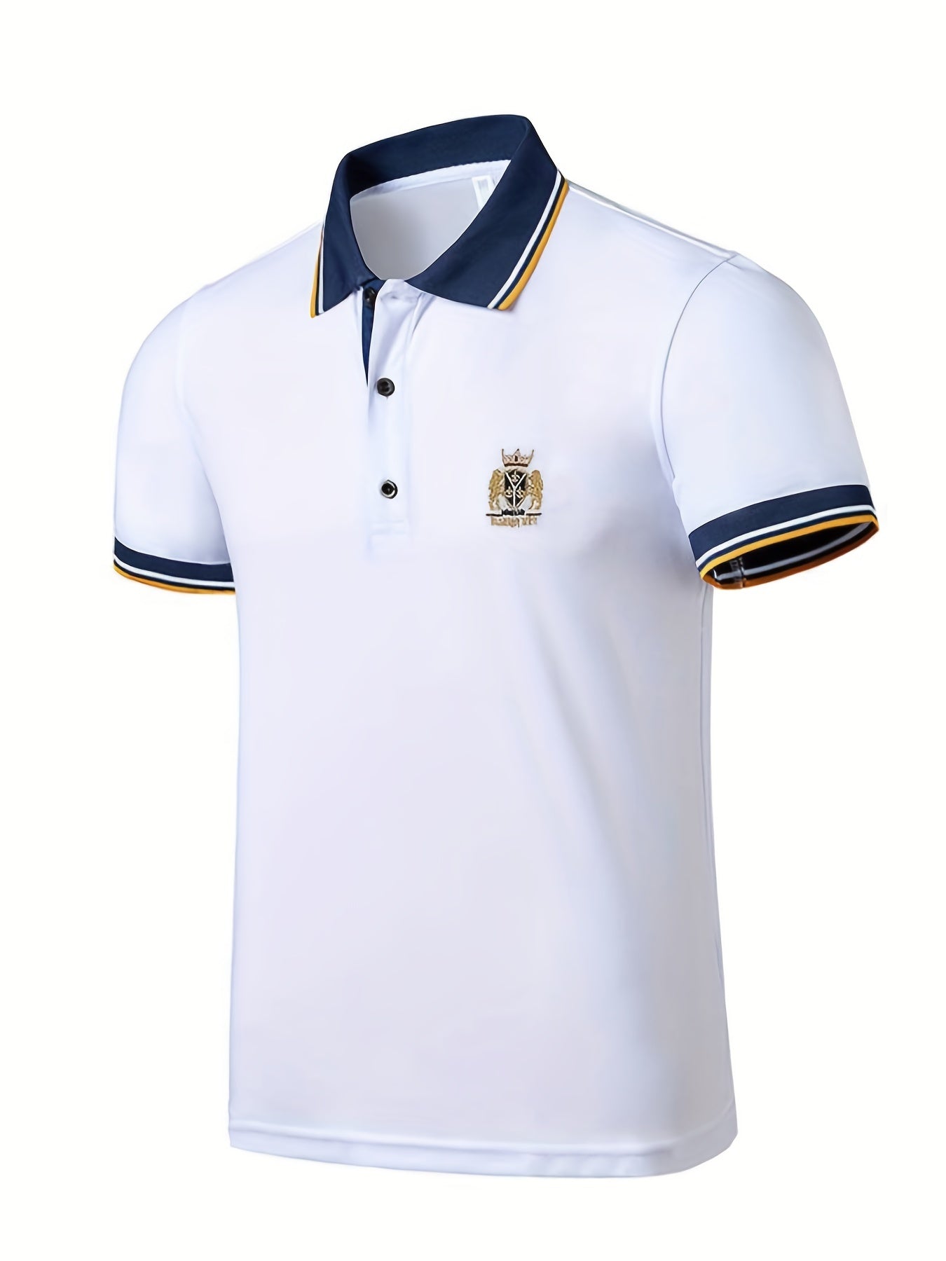 Men's Casual Shirt - Vibrant Red with Golden Embroidered Crest, Short Sleeve Summer Shirt, Regular Fit, Black & Yellow Trim Collar, Breathable Fabric for Casual & Semi-Formal Wear, Contrast Stripe Detailing