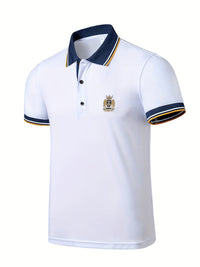 Men's Casual Shirt - Vibrant Red with Golden Embroidered Crest, Short Sleeve Summer Shirt, Regular Fit, Black & Yellow Trim Collar, Breathable Fabric for Casual & Semi-Formal Wear, Contrast Stripe Detailing