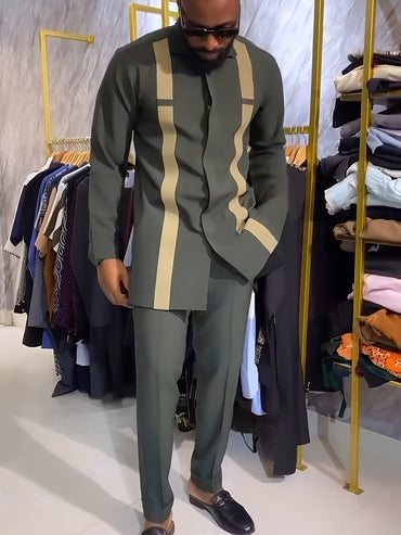 [2-Piece African Dashiki Suit] African Dashiki Men'S Suit  Long-Sleeved Top  Cardigan  Lapel  Patch  Hem Slit  Elastic Pants African Clothing  Men'S Casual Shirt And Trousers 2-Piece Set  Four Seasons New 1 Set Street Style