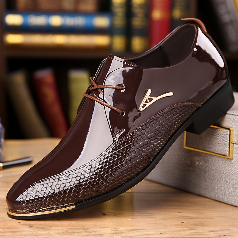 Plus Size Men's Faux Patent Leather Upper Derby Shoes, Comfy Non Slip Rubber Sole Durable Dress Shoes, Men's Footwear
