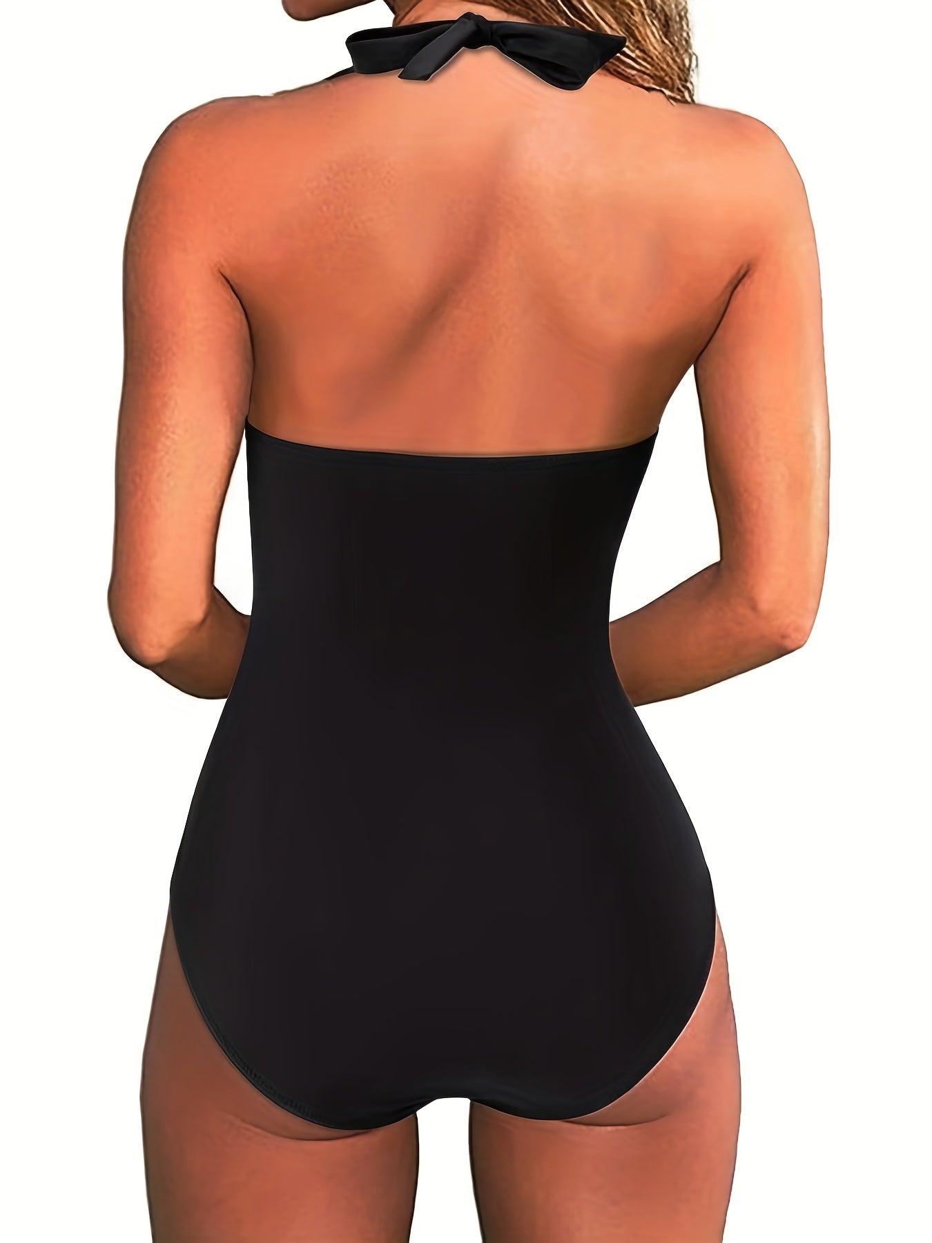 V Neck Halter Tie Neck One Piece Bathing Suit, Backless High Strech Plain Or Printed Swimsuit, Women's Swimwear & Clothing