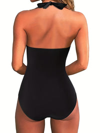 V Neck Halter Tie Neck One Piece Bathing Suit, Backless High Strech Plain Or Printed Swimsuit, Women's Swimwear & Clothing