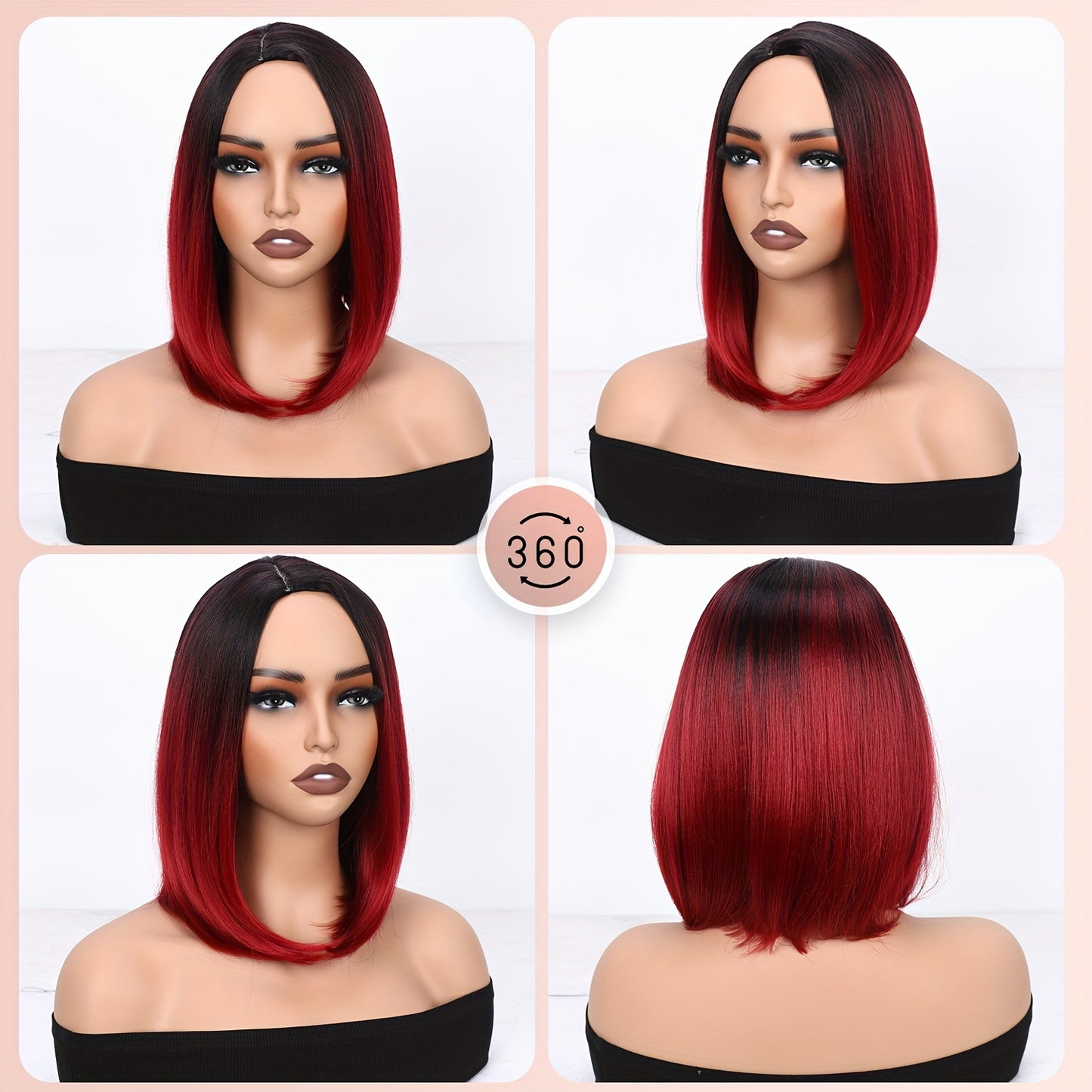 14-Inch Straight Synthetic Bob Wig with Ombre Effect - Black to Red, Heat-Resistant Fiber, Daily Cosplay & Party Style, High-Density Rose Net, Perfect for Women, Party Hair Accessory | Stylish Hairpiece | Heatresistant Fiber,