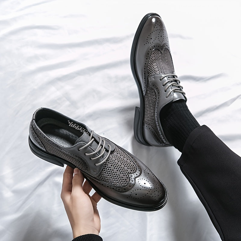 Men's Solid Color Vintage Wingtip Brogue Toe Derby Shoes, Comfy Non Slip Durable Rubber Sole Lace Up Dress Shoes, Men's Footwear