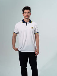 Men's Casual Shirt - Vibrant Red with Golden Embroidered Crest, Short Sleeve Summer Shirt, Regular Fit, Black & Yellow Trim Collar, Breathable Fabric for Casual & Semi-Formal Wear, Contrast Stripe Detailing
