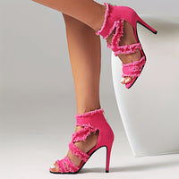 Women's Denim Cut-out High Heels, Peep Toe Back Zipper Stiletto Heels, Fashion Party Sandals