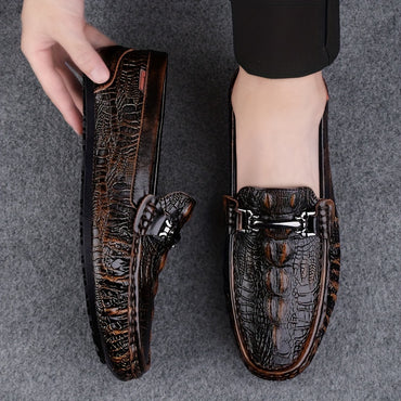 Men's Solid Color Lightweight Slip On Split Cow Leather Upper Loafer Shoes, Comfy Non Slip Casual Rubber Sole Dress Shoes, Men's Footwear